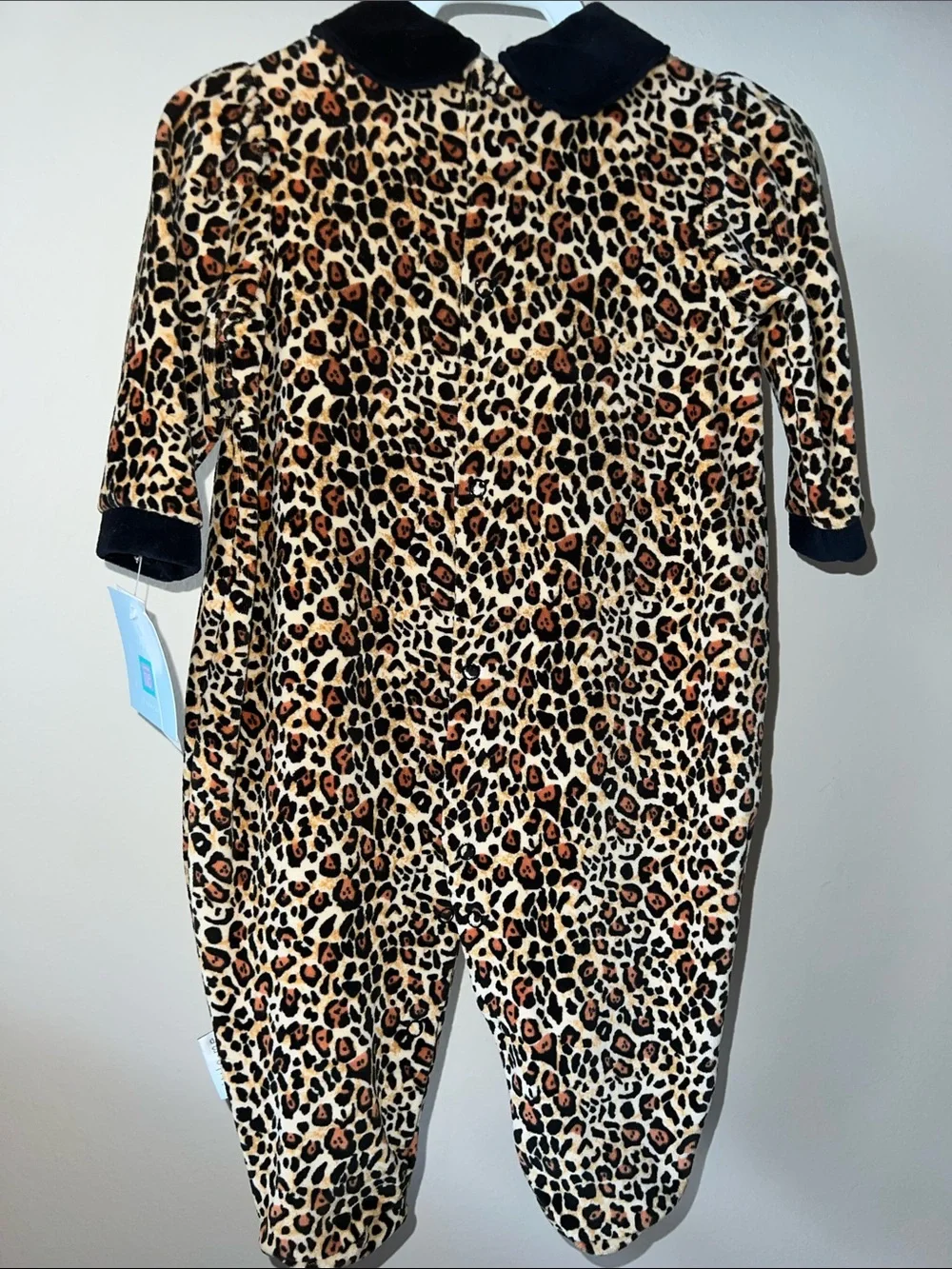 Little Me Leopard Velour Footed One-Piece with Black Collar